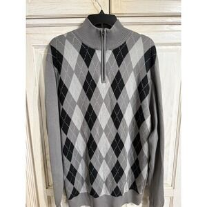 Carbon Men's Argyle 1/4 Zip Sweater Gray Black White Cotton Knit  XXL 2XL